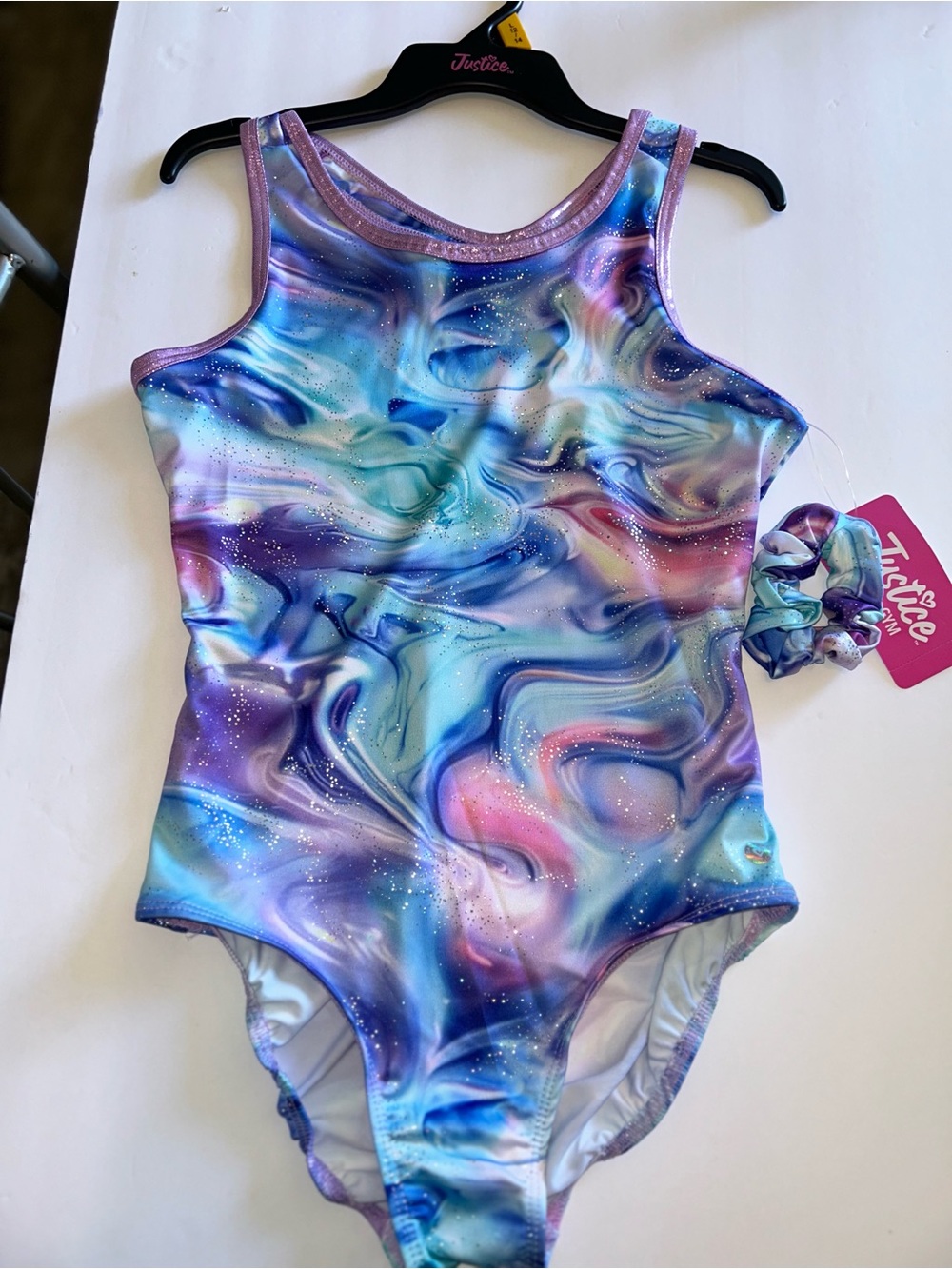 Justice Girls' One-Piece Swimsuit in Purple, Blue, Pink Swirl
